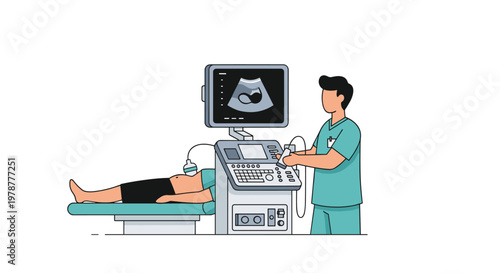 A professional male medical technician wearing green scrubs operates a large ultrasound machine while a patient lies comfortably on a teal clinical bed.