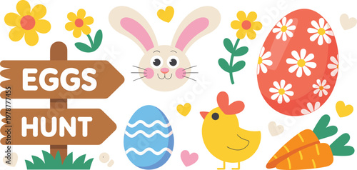 Easter egg hunt vector set featuring wooden direction sign, cute bunny face, baby chick, decorated eggs, and spring flowers isolated on white.