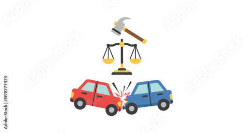 Two small cartoon cars collide head-on beneath a set of golden justice scales and a wooden hammer against a pristine and minimalist white background.
