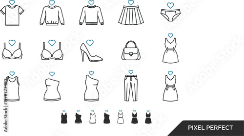 Minimalist vector line icon set of women's fashion apparel and clothing accessories including dresses, shirts, skirts, and shoes with heart symbols for shopping.