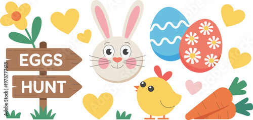 Easter egg hunt vector set featuring wooden direction sign, cute bunny face, baby chick, decorated eggs, and spring flowers isolated on white