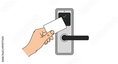 A hand swipes a plain white key card over a sleek silver electronic door handle lock featuring a small digital screen with a bright green checkmark.