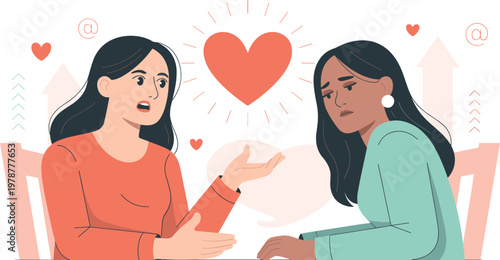 Young woman comforting her sad friend with emotional support and empathy, mental health awareness concept flat vector illustration isolated on white