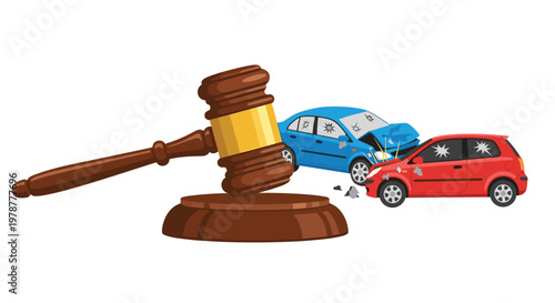 A large detailed wooden gavel rests prominently in the foreground while two severely damaged cars with broken glass sit in the background after a crash.
