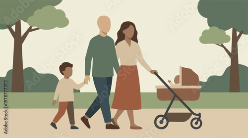 Modern family with two children walking outdoors in minimalist illustration