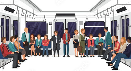 Diverse urban commuters travel together inside a modern subway train car featuring blue seating and dark windows during a busy city transit journey.