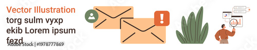 Email notifications, online messaging, data analytics, information sharing, business communication, digital alerts. Envelopes with icons and a person analyzing data. Email notifications and online