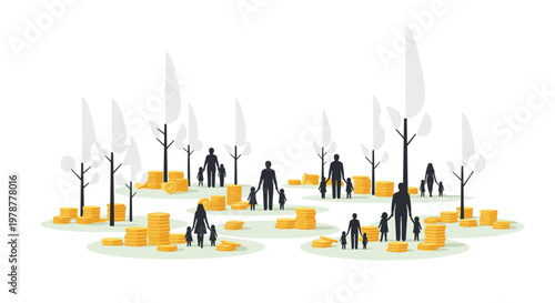 Minimalist flat silhouettes of various families stand amidst numerous stacks of golden coins and tall white trees on a simple pale green surface.