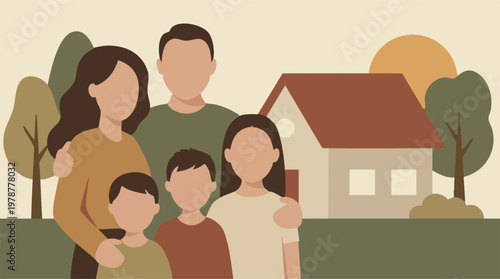 Minimalist illustration of a family of five standing in front of their house.