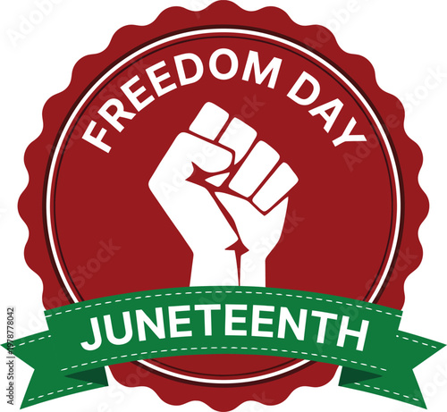 Juneteenth freedom day celebration badge with raised fist and ribbon isolated on white background