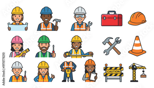 Construction workers and tools icons set.