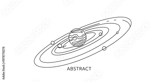 Abstract illustration of a planetary system with a central striped planet and orbiting bodies.