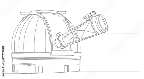 Observatory dome with telescope, line art illustration, astronomy research concept