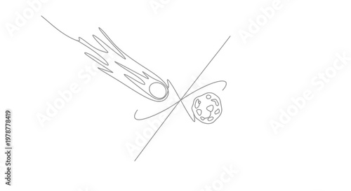 Meteoroid and planetoid collision course, continuous line drawing illustration
