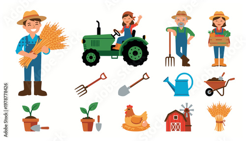 Agricultural workers and farming tools icons.