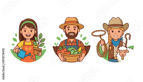 Farmers and gardening cartoon characters.