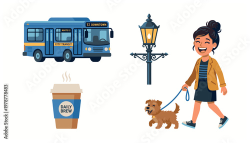 Woman walking dog with coffee and bus.