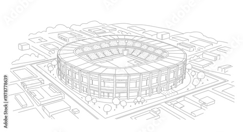 Aerial Sketch of a Modern Sports Stadium Surrounded by City Buildings and Trees