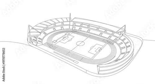 Clean Outline Drawing of a Football Stadium with Running Track and Field