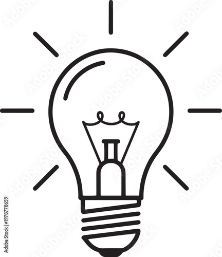 Black and white outline illustration of a light bulb with radiating lines with white background