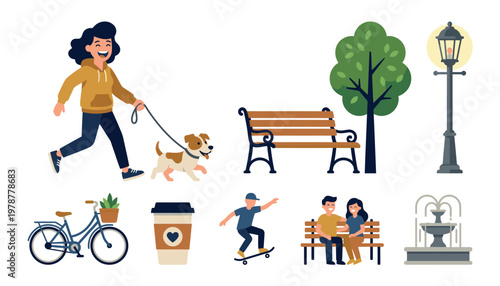 Urban park life with people and activities.