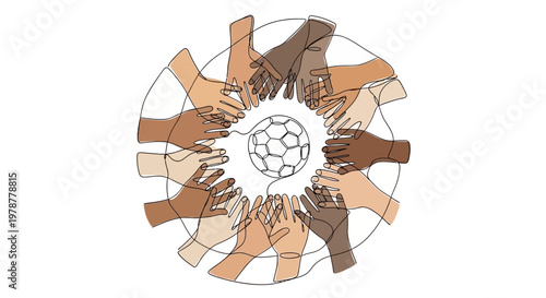 Diverse Hands Forming Circle Around Soccer Ball - Unity and Global Community Concept
