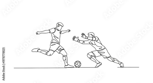 Soccer Player Kicking Ball, Goalkeeper Saving Goal - Continuous Line Art