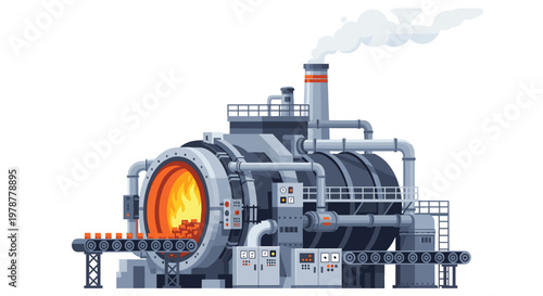 A massive industrial furnace with intricate grey piping and glowing orange flames inside its open hatch operates within a clean and simple factory setting.