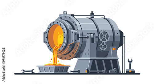 A heavy industrial casting machine tilts to pour a stream of glowing orange molten metal into a rectangular mold against a minimalist white background.