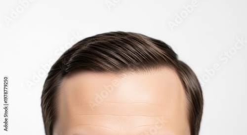 Close-up of a Mans Forehead and Hair on a White Background.