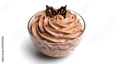 Chocolate mousse in glass bowl isolated on white background with soft shadow and copy space, airy texture