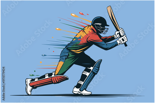 Dynamic cricket player in action with colorful motion streaks batting sportswear