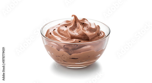 Chocolate mousse in glass bowl isolated on white background with soft shadow and copy space, airy texture