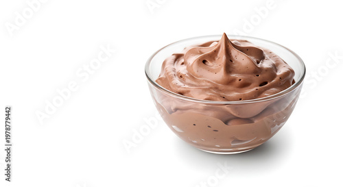 Chocolate mousse in glass bowl isolated on white background with soft shadow and copy space, airy texture