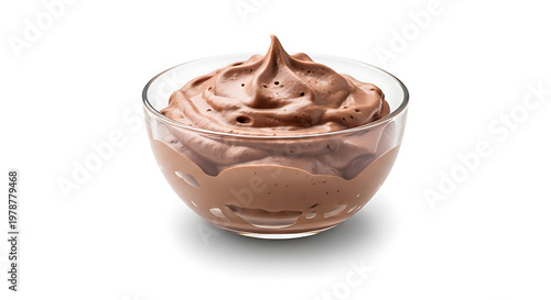 Chocolate mousse in glass bowl isolated on white background with soft shadow and copy space, airy texture