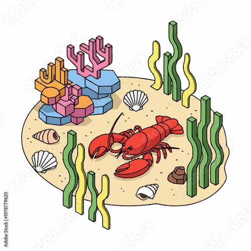 Red Lobster on Sandy Ocean Floor.
