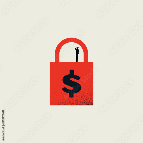 A vector concept illustration showing a minimal red lock symbol with a black dollar sign. A businessman stands inside looking for money security, privacy, or currency investment strategies.