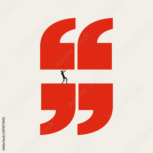 Minimal vector illustration concept of a man holding up giant quotation marks. Symbol of pressure, stress, rumor, and communication burden in business. Bold red and white geometric design.