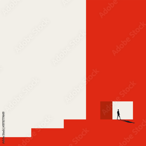 Minimal vector illustration concept of a businessman walking through an open door at the top of stairs. Symbol of career opportunity, job promotion, new beginning. Bold red and white geometric design.