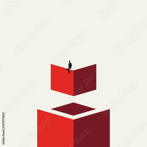 A vector concept illustration showing a minimal business developer finishing a structural block. It symbolizes a project solution and end challenge completion for a corporate system.