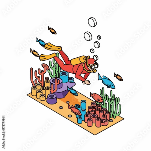 Scuba diver exploring coral reef underwater.