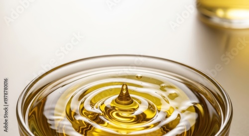 Golden Oil Drop Creates Ripples in a Clear Glass Bowl.