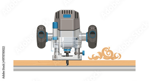 A professional grey electric wood router machine meticulously carves a precise groove into a smooth timber plank creating delicate curly wooden shavings.
