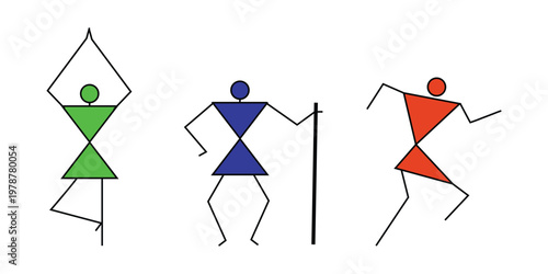 Warli tribal people colorful illustration on white background, geometric human figures ethnic folk art design, traditional cultural stick figure vector