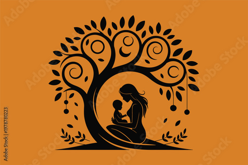 Silhouette illustration of mother holding baby sitting under large stylized tree vector artwork for family love and motherhood concept theme