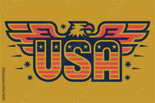 Stylized american eagle graphic with usa text and stars, patriotic and retro design on yellow background