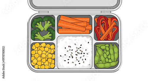 Detailed flat lay illustration of a nutritious bento lunch box containing steamed broccoli florets, carrot sticks, corn kernels, white rice, and edamame.