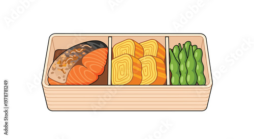 Pristine vector artwork depicting a traditional Japanese wooden bento box filled with grilled salmon steak, yellow tamagoyaki omelet, and fresh green edamame.