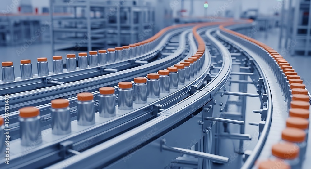 Fototapeta premium Conveyor belt with vials in factory.