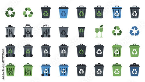 Recycling bins waste sorting icons eco green circular economy recycle vector set